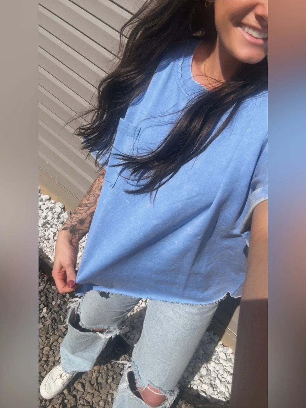 Zenana Acid Wash Blue Women's Relaxed Pocket Tee - Picture 3 of 4